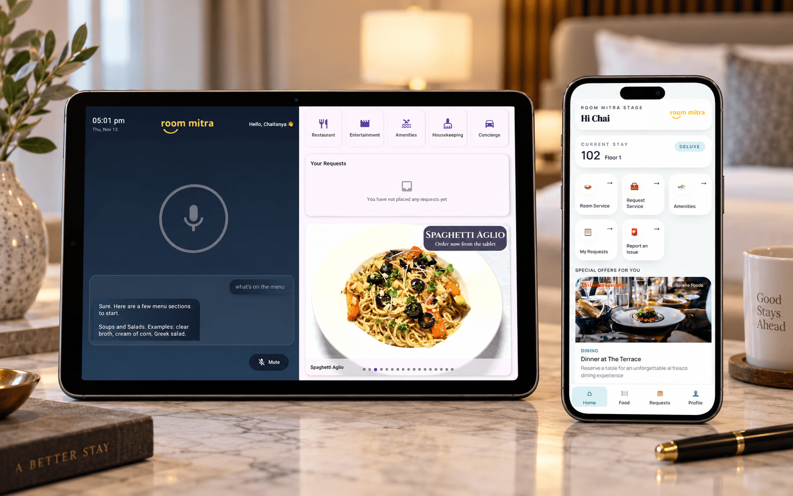 Guest-facing in-room tablet interface for requests and services